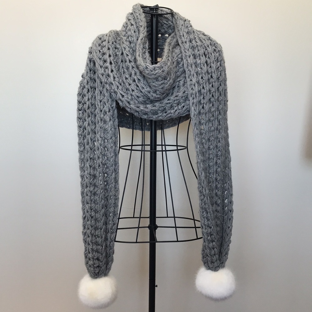 Hand Woven Knit Scarf - 9 feet long - Pom Poms